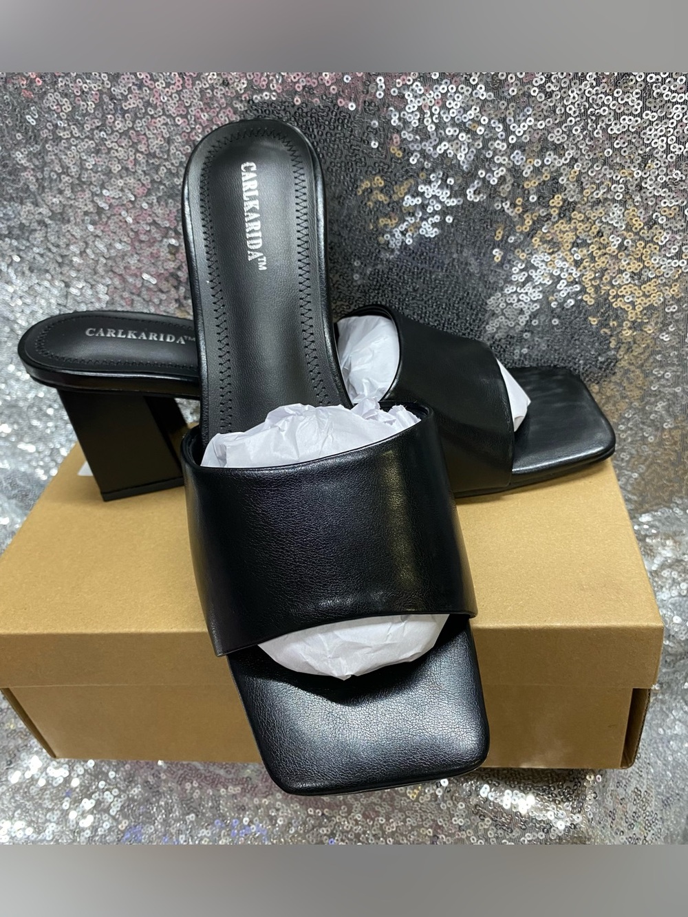 Carlkarida Black Leather Square Front Block Heel Mules, NWOT, size 10